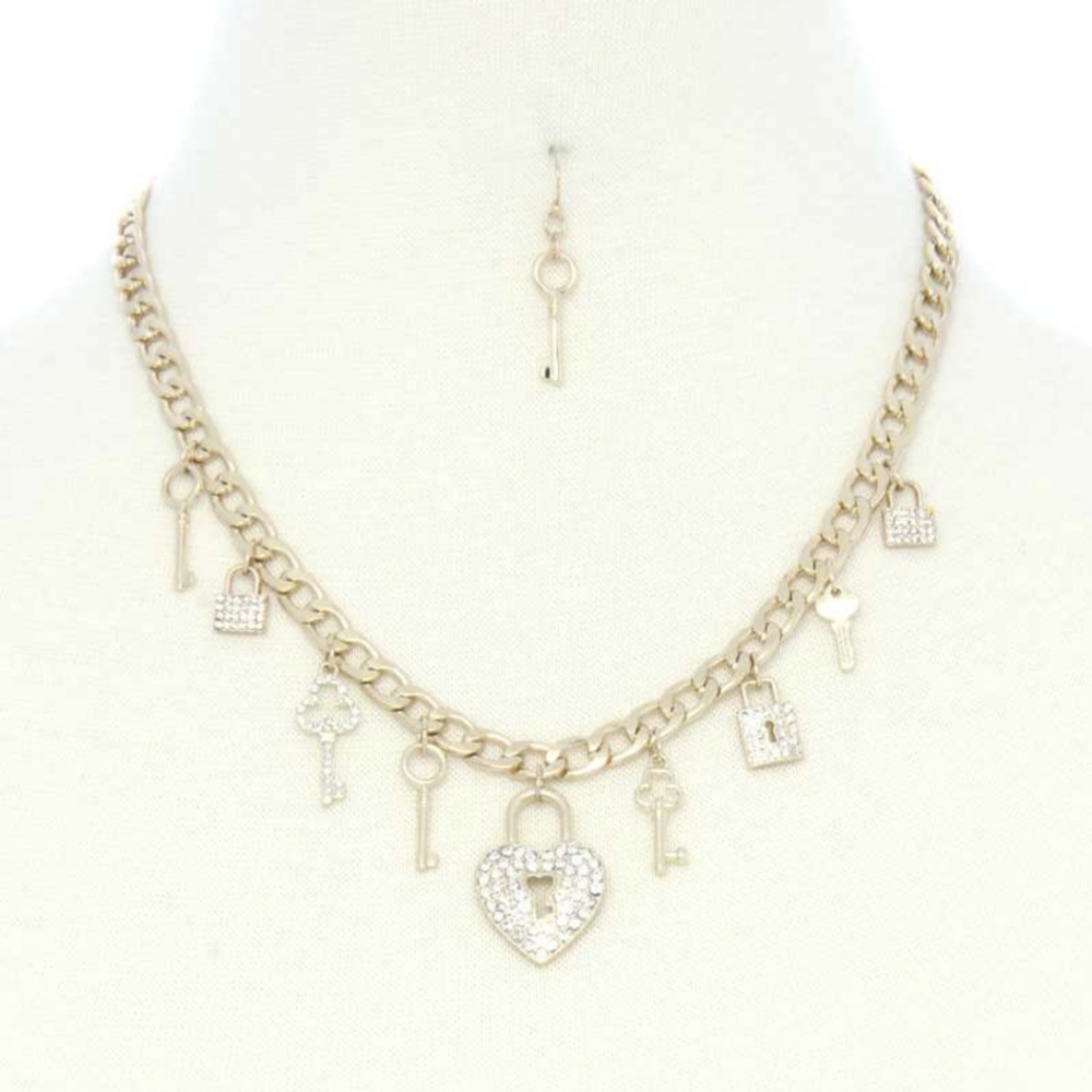 Locks keys rhinestone charm dangle necklace